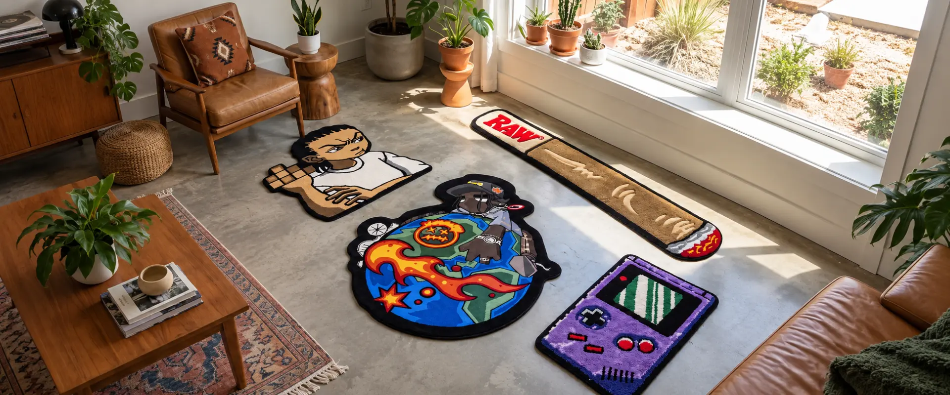 Printed RUGLAB rugs laid out on a concrete floor in a sunlit room