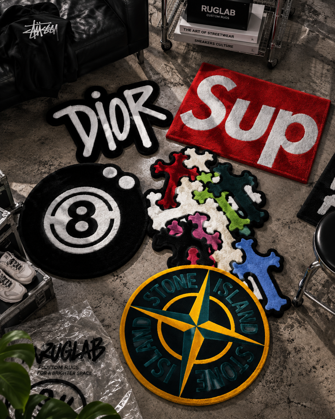 Streetwear logo rugs on a concrete floor