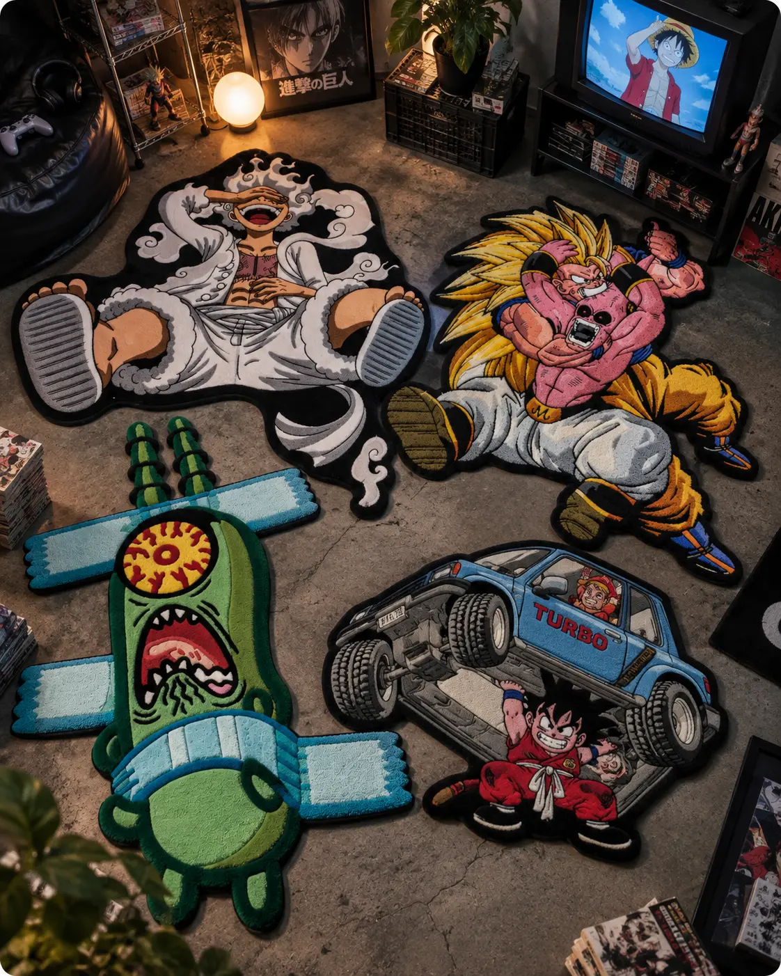 Anime character rugs in a collector's room