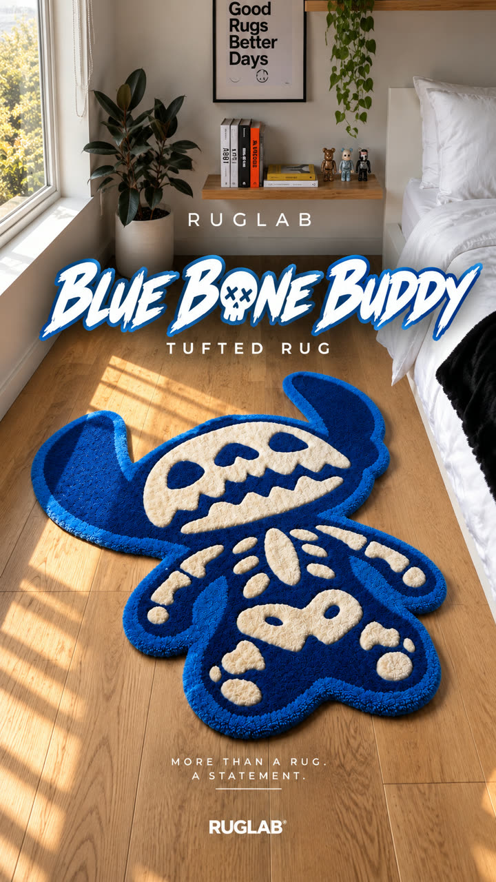 Blue Bone Buddy tufted rug beside a bed