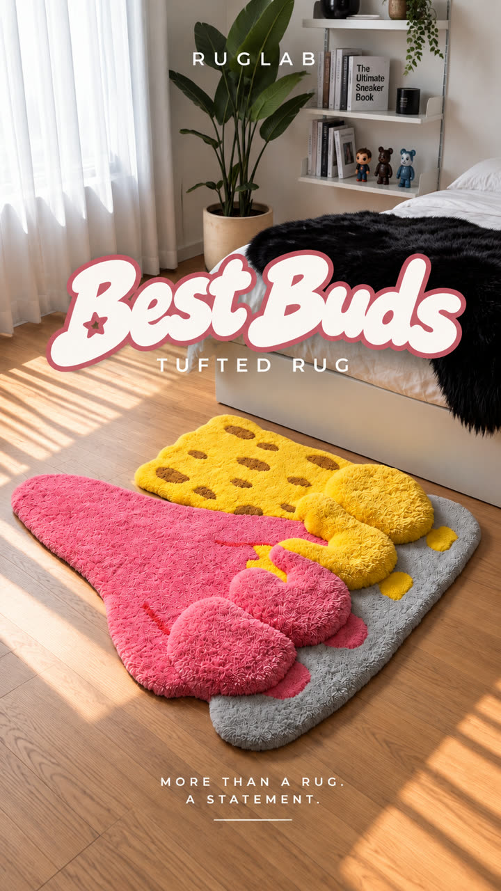 Best Buds tufted rug on a wooden bedroom floor