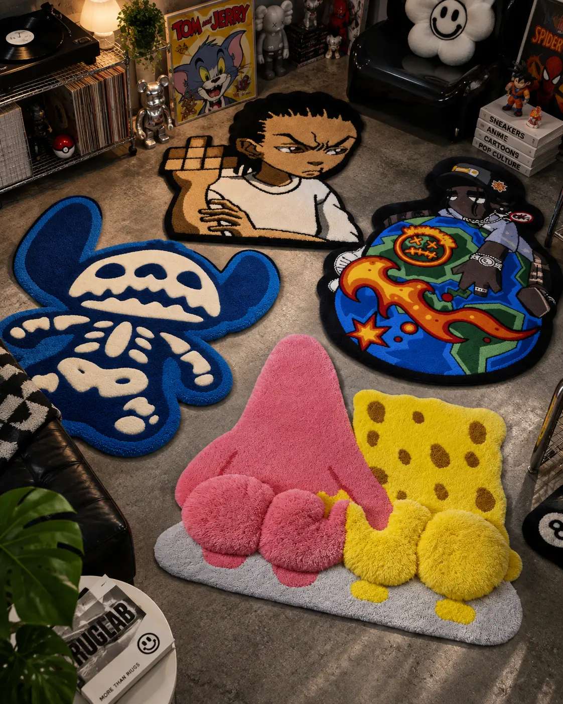 Cartoon character rugs on a concrete floor