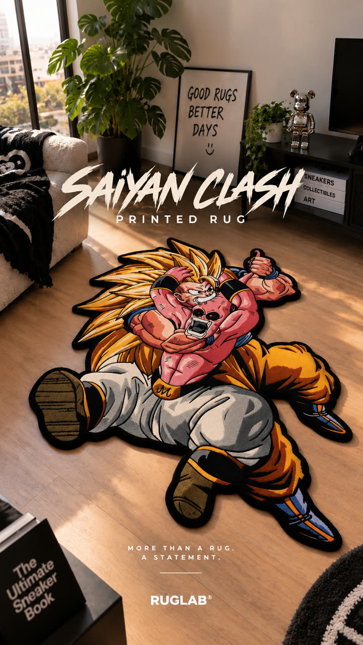 Saiyan Clash printed rug in a living room