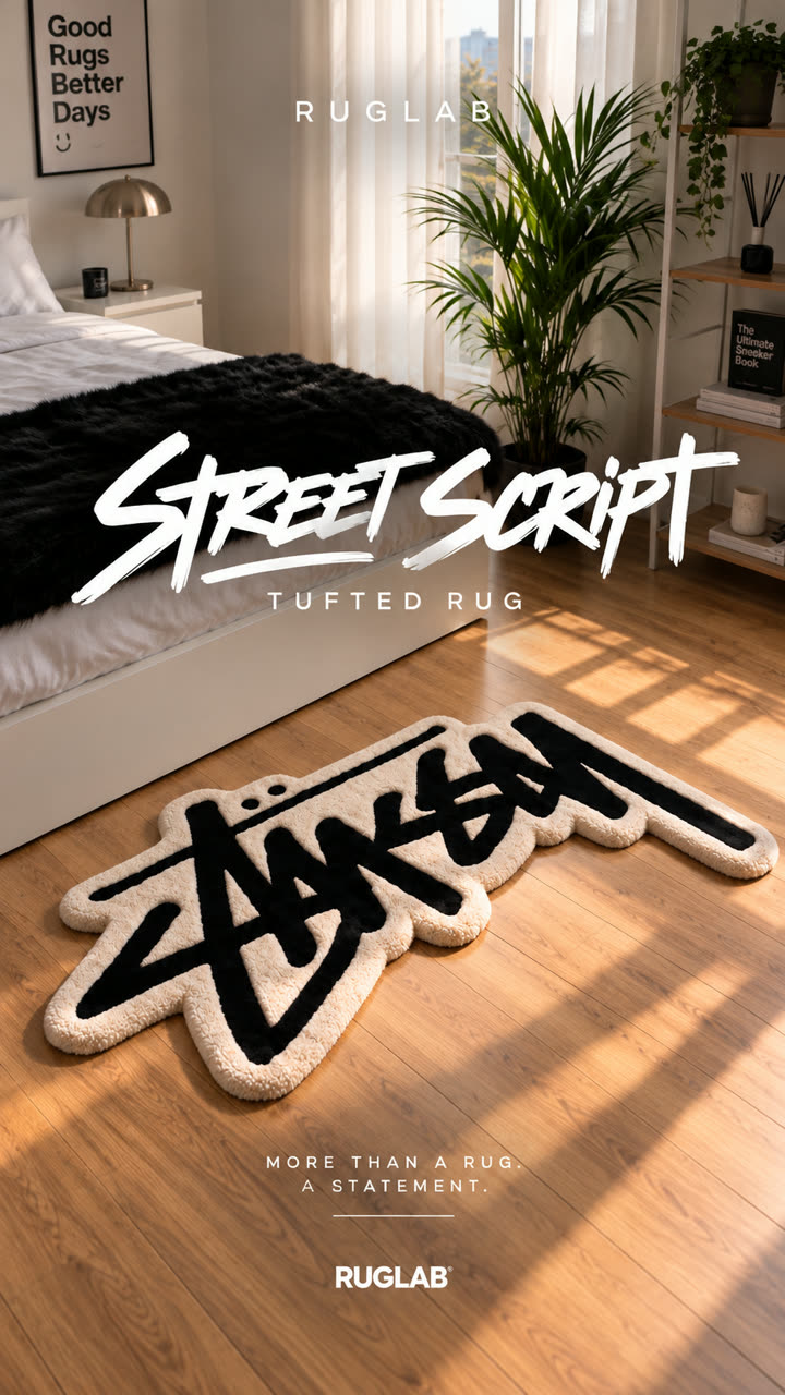 Street Script tufted rug in a sunlit bedroom