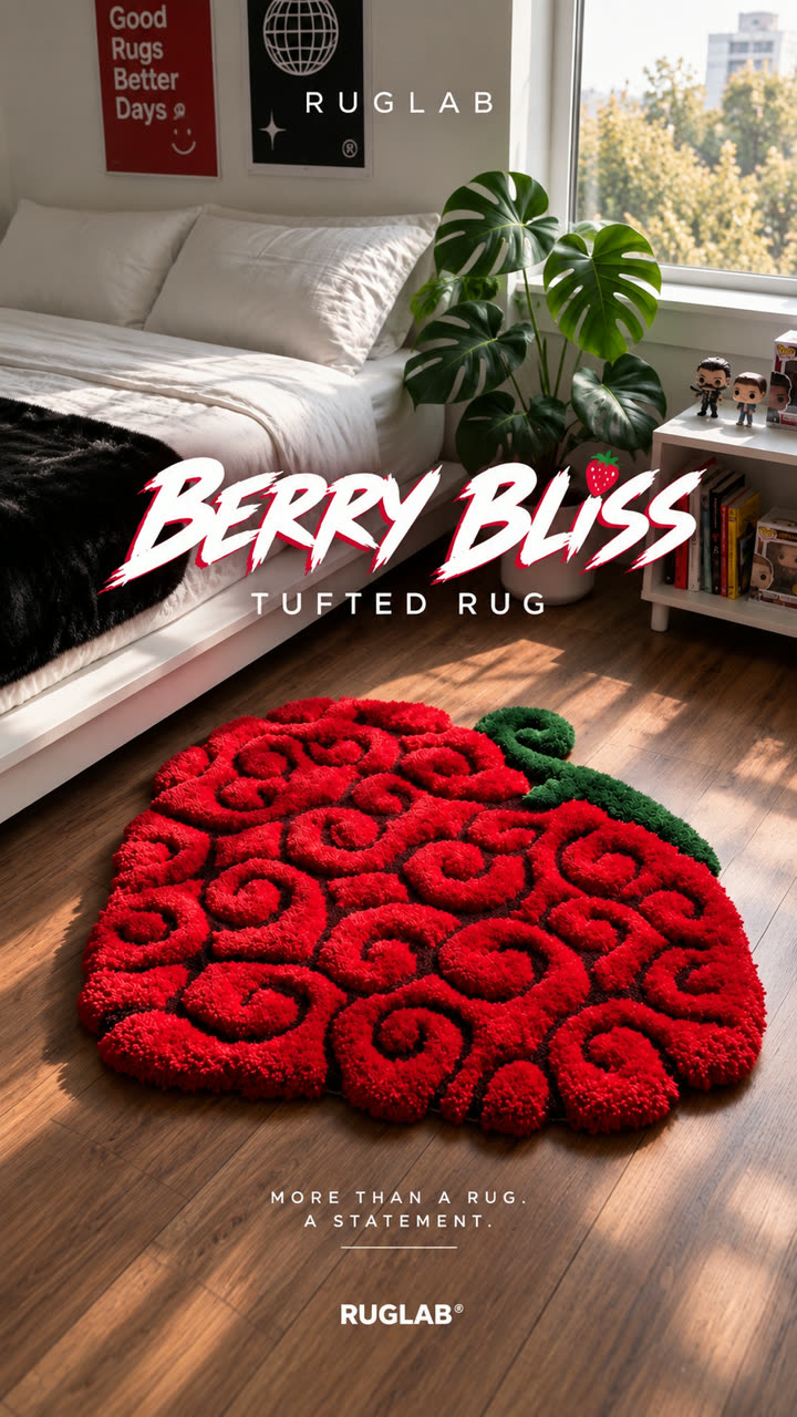 Berry Bliss strawberry tufted rug in a bedroom